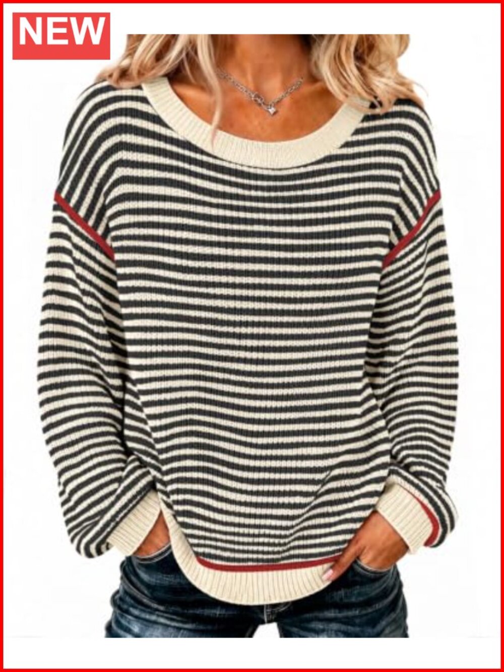 Oversized Striped Pullover Sweater Soft Knit Crew Neck Long Sleeve